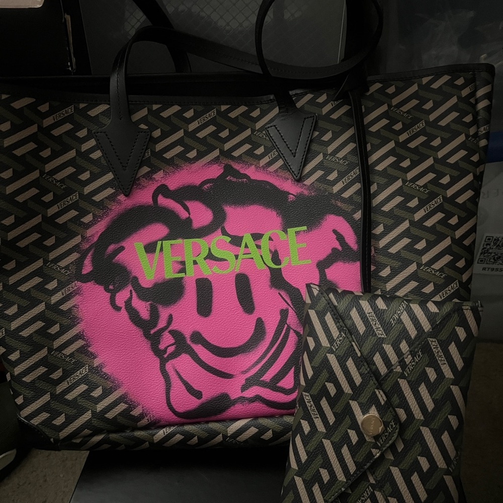 Versace Black and Pink Tote with Green Logo